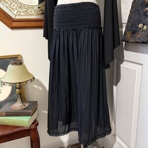 VTG Y2K Express Black 100% Silk Pleated Beaded Waist Smocked Maxi Skirt L